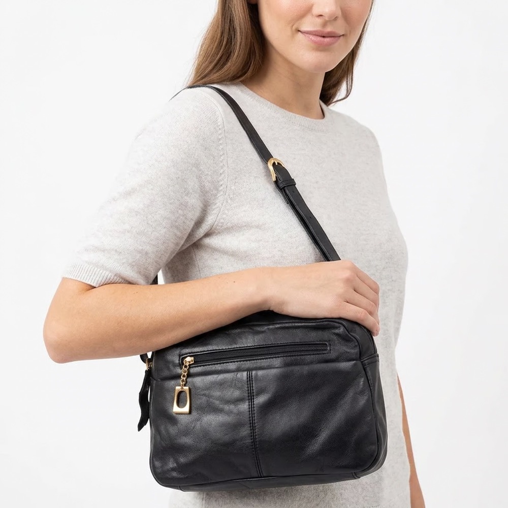 Unbranded Crossbody Bag Womens Medium Black Leather Multi-Zip Gold Trim Good